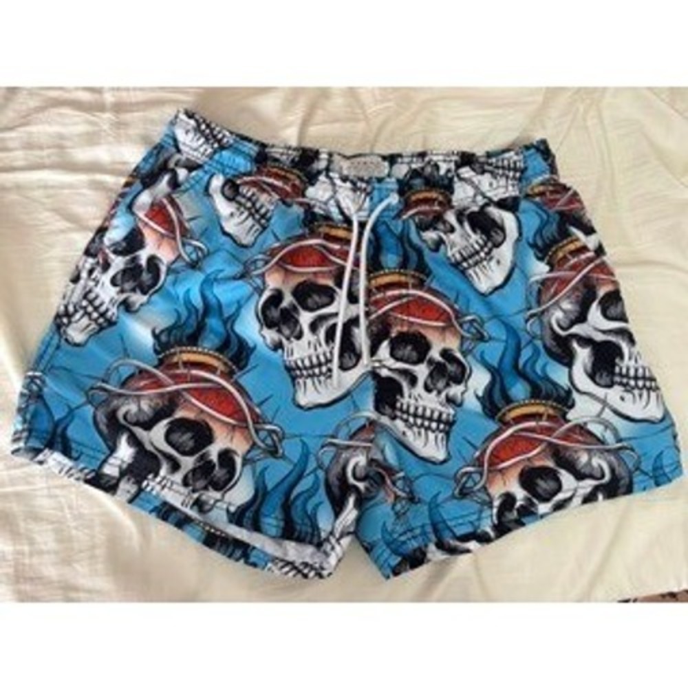 FSBN Fishbone Mens Skull Flame Barbed Wire Graphic Board Shorts Blue Size S
